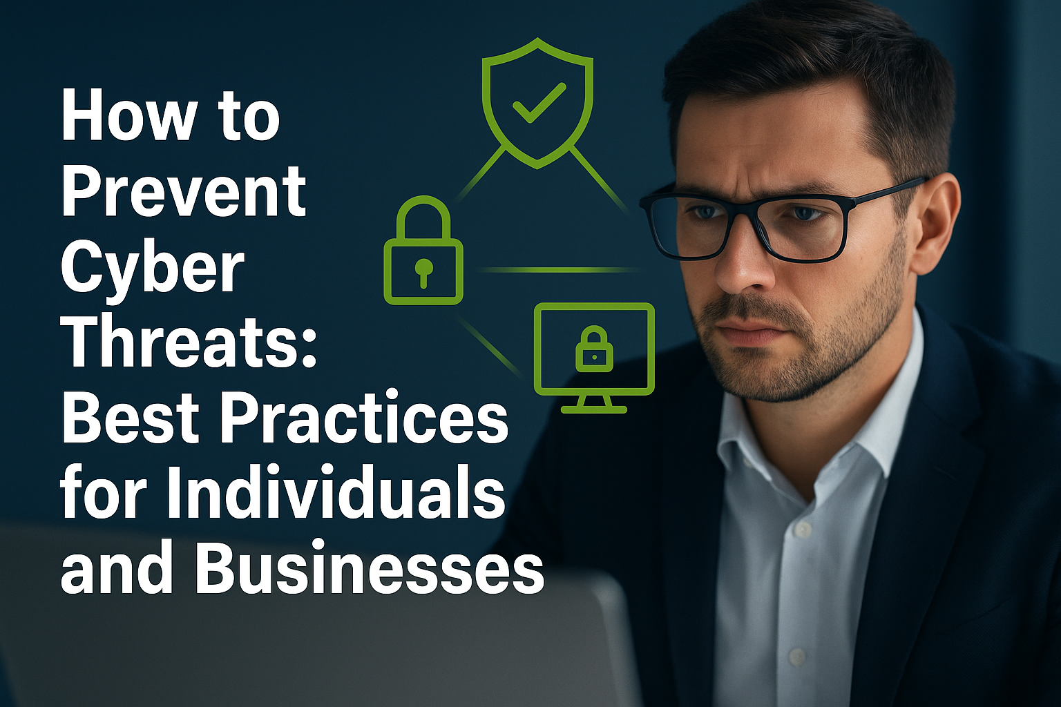 Image of a focused professional man looking at a computer with cybersecurity icons and the title "How to Prevent Cyber Threats: Best Practices for Individuals and Businesses" displayed on a dark blue background.