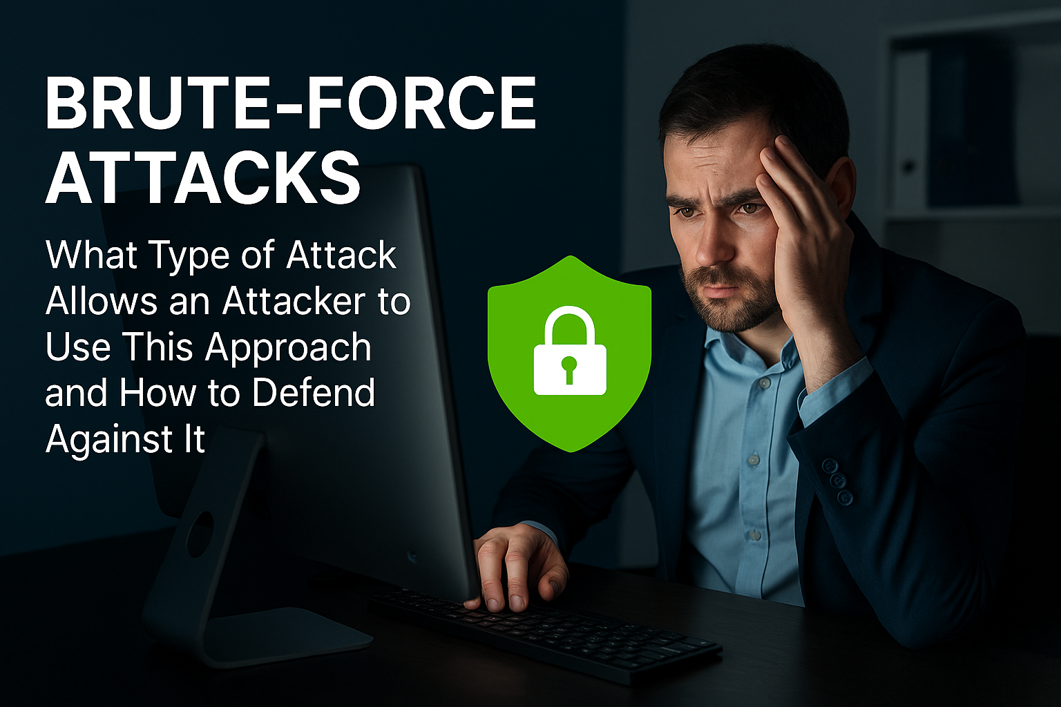 The image shows a person with a concerned expression sitting in front of a computer in a dark environment, with their hand on their forehead suggesting stress or worry. The image has a large title "BRUTE-FORCE ATTACKS" in bold white text, followed by the subtitle "What Type of Attack Allows an Attacker to Use This Approach and How to Defend Against It." A bright green shield icon with a white padlock symbol appears in the center-right of the image, representing cybersecurity protection. The overall mood is tense and serious, effectively conveying the cybersecurity threat context of brute-force attacks. The dark blue/black background with the illuminated screen creates a classic cybersecurity visual aesthetic.