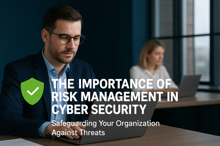 Professional man in business attire with glasses working on laptop with security shield icon, representing cyber risk management for organizations, with woman working in background