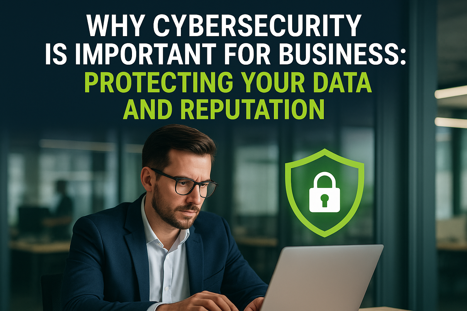 Business professional in navy suit working on laptop with security shield icon, under cybersecurity headline about protecting business data and reputation.