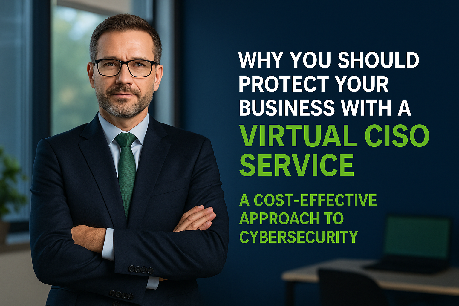 Professional businessman in dark suit with green tie standing confidently with arms crossed beside text about virtual CISO services for cost-effective cybersecurity.RetryClaude can make mistakes. Please double-check responses.