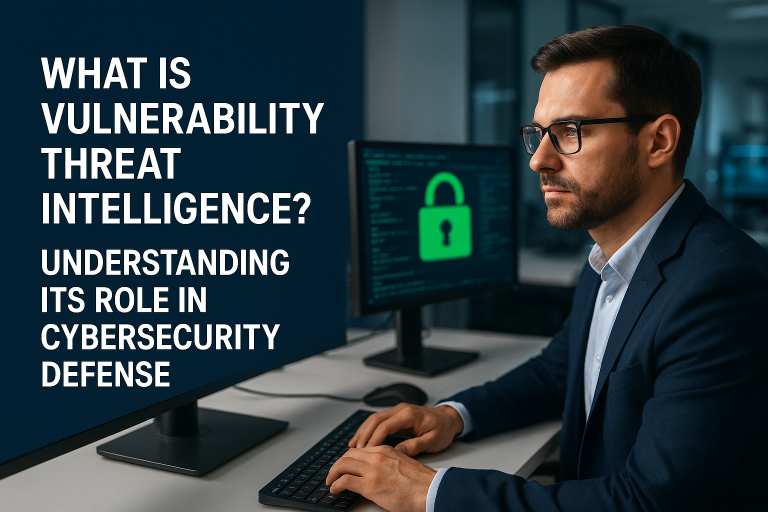 The image shows a cybersecurity professional or IT specialist sitting at a desk with computer monitors. He has short dark hair, glasses, and is wearing a navy blue suit with a white shirt. He appears focused while working at his keyboard. On one of the monitors, there's a green padlock icon displayed against what appears to be code or technical information. The left side of the image features large white text that reads "WHAT IS VULNERABILITY THREAT INTELLIGENCE? UNDERSTANDING ITS ROLE IN CYBERSECURITY DEFENSE," which suggests this is a header image for an article or blog post about vulnerability threat intelligence in cybersecurity. The overall color scheme features dark blue/navy tones with green accent elements, creating a professional, technical atmosphere.RetryClaude can make mistakes. Please double-check responses.